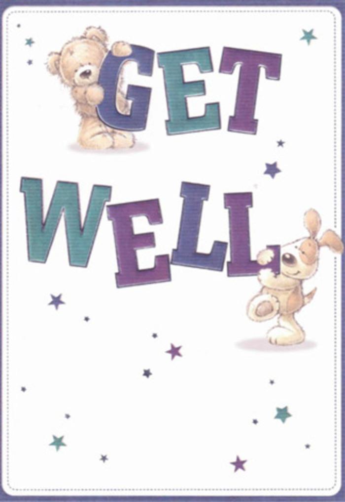 This illustrated get well card presents a gentle, storybook-like scene: a sweet teddy bear and a floppy-eared puppy cooperate to hold up the bold GET WELL message, as if they've come visiting from a cosy Cranford home with armfuls of comfort. The bear, rendered in warm golden-brown and soft biscuit shades, clings to the top of the word GET, its rounded limbs and stitched smile evoking the familiar feel of a beloved childhood toy. Below, the puppy nestles close to the sturdy WELL, its velvety ears drooping endearingly over the letters, painted with textured strokes that suggest a soft, shaggy coat you'd instinctively reach out to pet. The typography is large, curved, and playful, shaded in layered purples, indigos, and aquas that add depth and a gentle sense of movement, much like the colour play in a carefully blended bouquet. The letters sit against a crisp, creamy-white background that feels clean and light, like morning brightness over gardens near Cranford Park. Around the characters, scattered star motifs dance in varying hues of blue and violet, some like tiny pinpricks of light, others like small bursts of sparkle, giving the impression of wishes floating through the air. The composition leaves generous breathing space, so nothing feels crowded; instead, there's a calm, uplifting rhythm, ideal for someone recuperating quietly at home or in a nearby clinic. Emotionally, the card radiates reassurance, echoing the same thoughtful intention as sending fresh, soothing flowers: every line, colour, and star seems designed to whisper, You're cared for, and brighter days are coming.
