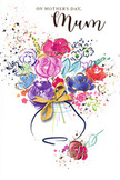 Mother's Day card image showcasing a joyful, colourful bouquet painted in loose watercolour strokes and presented in a simple vase, with a mood that feels as bright and welcoming as a walk through Cranford's leafy streets in spring. The central flowers are bold and generous, rendered in saturated tones of fuchsia, magenta, and cerise, their petals roughly defined with graceful indigo lines that swirl and curve to suggest fullness and movement. Surrounding these focal blooms are softer, hazier shapes in lavender, pale blue, and blush peach, where pigments blend gently into one another, evoking additional blossoms and foliage without strict outlines. Delicate touches of shimmering gold accentuate some of the petal edges and leaf curves, and appear as scattered flecks and tiny heart symbols drifting away from the bouquet, reminiscent of rays of light or affectionate little messages carried on the breeze. The arrangement is gathered into a rounded, lightly painted vase in cool blue-grey tones, tied at the neck with a neat golden bow that feels like the final flourish a Cranford florist might add before sending flowers out for delivery. All of this stands against a fresh white background, where playful splatters of pink, purple, and blue dance around the bouquet, giving the impression of petals falling or confetti thrown in celebration. The illustration conveys a sense of warmth, gratitude, and joyful appreciation, capturing the feeling of saying thank you, mum with a bouquet that blooms beautifully on paper yet echoes the delight of receiving real flowers in Cranford.