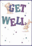 A charming illustrated get well card shows two whimsical friends-a soft, golden-brown teddy bear and a floppy-eared puppy-teaming up to deliver a cheerful GET WELL message, much like neighbours in Cranford rallying around someone who's under the weather. The bear clings sweetly to the top of the word GET, its rounded paws and stitched muzzle rendered with gentle brushstrokes that suggest plush, huggable fur. Below, the energetic pup leans into the bold WELL, its velvety ears flopping forward as if ready to nuzzle and comfort. The letters themselves are big and bouncy, shaded in rich indigo, deep purple, and teal, with subtle gradients that give them a slightly three-dimensional, almost hand-painted feel, like a carefully chosen ribbon on a get well bouquet. A clear, creamy-white background keeps everything feeling fresh and uncluttered, reminiscent of soft daylight filtering through windows along Cranford High Street. Scattered around the characters, star shapes in varied blues, aquas, and purples seem to twinkle and burst, echoing little sparks of hope and encouragement. The scene feels light, playful, and reassuring-perfect for a child recovering at home near Cranford Park or an adult needing a gentle lift. You can almost imagine this card propped beside a vase of fresh flowers, the tactile impression of the bear's fur and the puppy's silky coat offering emotional comfort while the bold typography turns a simple get well wish into a small celebration of care and healing.
