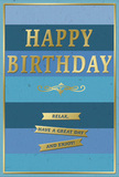 This image shows a tastefully designed birthday card, its restrained palette and layout creating a peaceful, uplifting feel well suited to a Cranford celebration. The main surface is structured into wide horizontal stripes running across the full width of the card, each stripe a different shade of blue. At the top, a deep navy band sets a confident tone; as the eye travels downward, the blues soften through rich mid-tones into cooler teal and finally a pale, airy sky blue near the bottom. The stripes have a smooth, matte finish that suggests a soft touch, like brushed paper of good quality. In the centre of this calm blue background, the words HAPPY BIRTHDAY appear in large, embossed capitals made of reflective gold foil. The letters stand slightly proud of the surface, so they would feel raised beneath a fingertip, and they glint subtly in the light, bringing a hint of celebration without overwhelming the design. Just beneath the greeting, a delicate gold flourish extends horizontally, its curves and loops adding a gentle, decorative flourish. Below this, three slim gold banners are neatly stacked, their edges clean and slightly embossed, carrying the easygoing message: Relax, have a great day and enjoy! A very fine gold line runs around the perimeter of the card, framing the blues and metallic details in a tidy border. The effect is one of calm joy and understated elegance, the sort of card you might place beside a vase of fresh birthday flowers in a Cranford home off the High Street, offering a soft but sincere wish for a day of rest, happiness, and quiet enjoyment.
